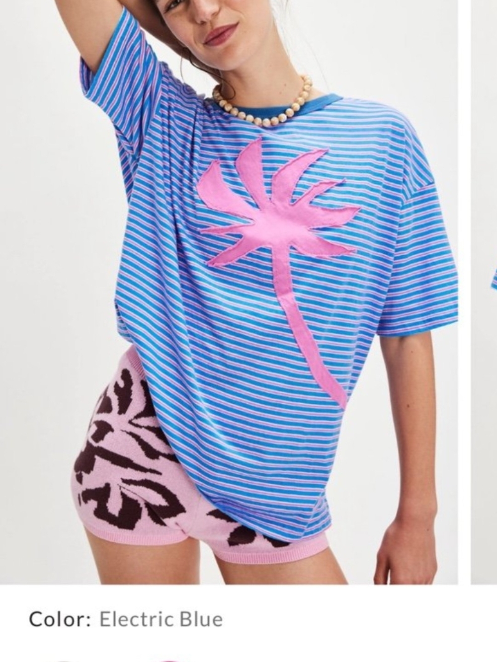 Electric Blue Striped Palm Tee with Pink Applique - By "Ragabond/Free People" 🌴